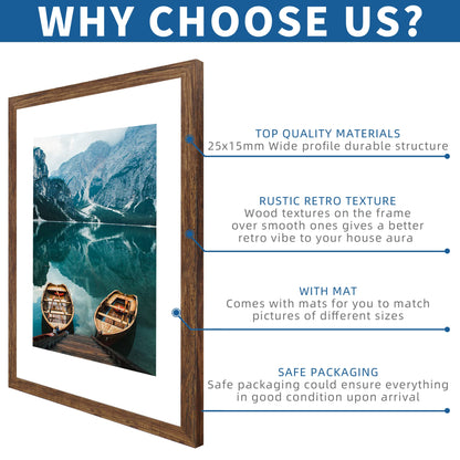 Hongkee 24x30 Frame Set of 2, Rustic Brown Wood Style - Display 18x24 Picture Frame with Mat or 24 x 30 Poster without Mat, Wall Mounting Horizontal and Vertical