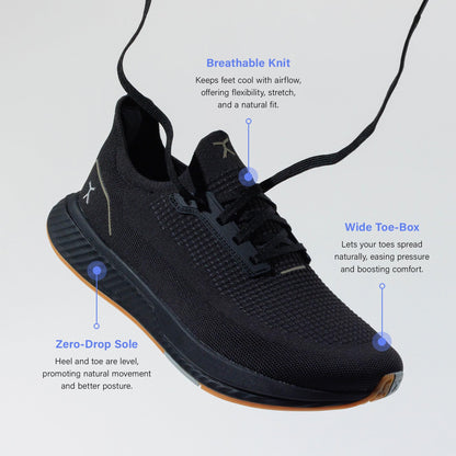 FLUX FOOTWEAR Men’s and Women’s Adapt Runner Wide Toe-Box Natural Movement Shoes with Breathable Knit Upper & UltraFlex Midsole Lightweight Shoes for Running, Walking & Everyday Wear - Black/Gum
