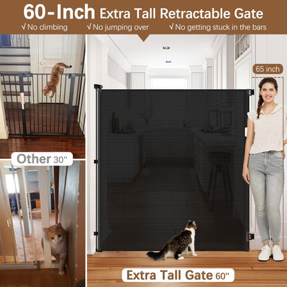 60 Inch Tall Retractable Baby Gates Tall Cat Gate for Stairs, 55" Wide Mesh Baby Gate Retractable Pet Gate for Cats, Outdoor Retractable Gate Indoor Tall Dog Gates for Doorways, No Jumping Over, Black