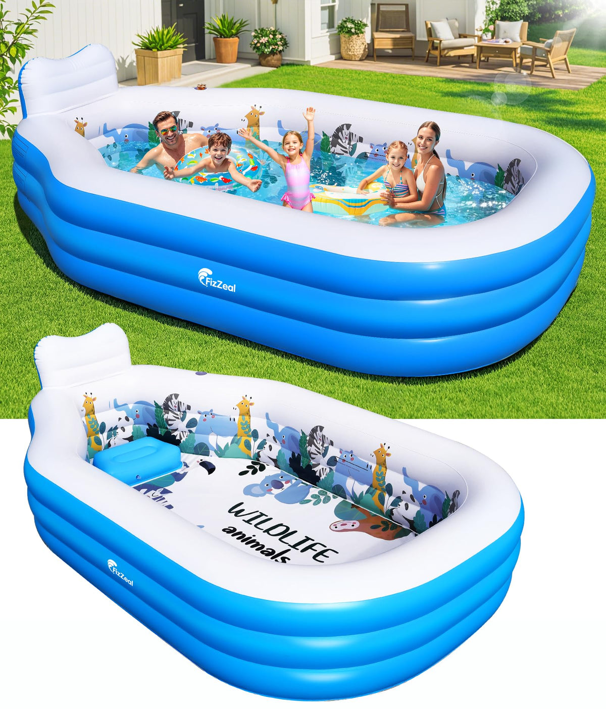 Inflatable Swimming Pool for Kids and Adults,Thickened Large Adult Pool for Backyard with Seat and Backrest, Kids Outdoor Blow up Pools,125"X75"X25"Inflatable Pools for Summer (Sky Blue)