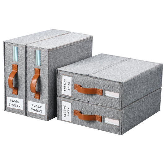 Yecaye 4 Pack Bed Sheet Organizer, Foldable Linen Closet Organizers and Storage (Queen & King Size) with Window & Label, Bedding Storage Box for Bedsheets, Duvet Covers and Pillow, Grey