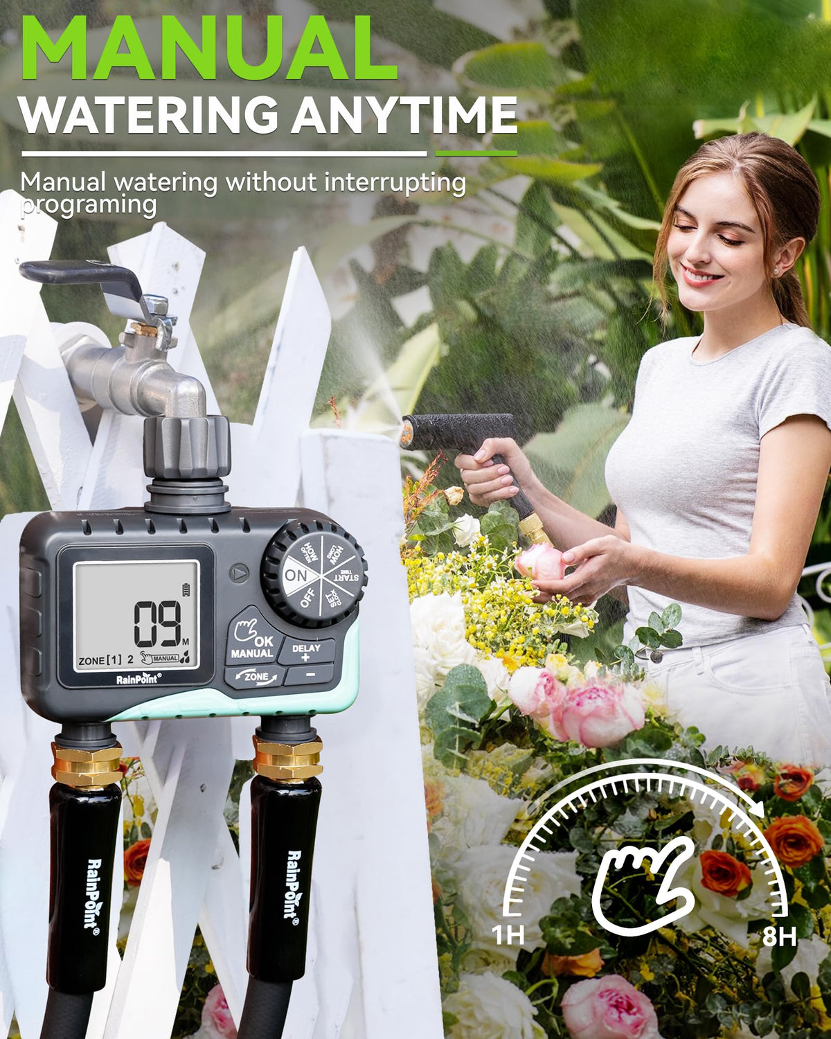 RAINPOINT 2 Zone Water Timer for Garden Hose - Sprinkler With Rain Delay, Manual Watering, Automatic Irrigation Controller System - Programmable Faucet Timer for Yard Lawn
