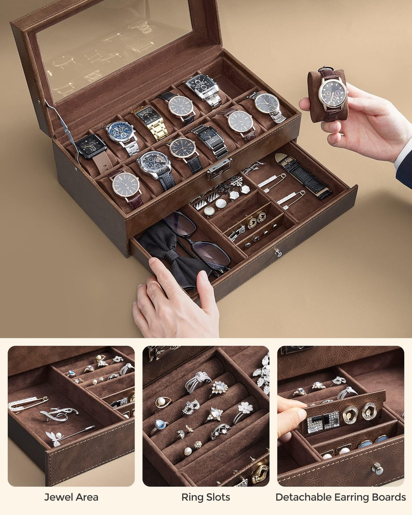 SONGMICS 12-Slot Watch Box, Lockable Watch Case with Glass Lid, 2 Layers, with 1 Drawer for Rings, Bracelets, Gift Idea, Brown Synthetic Leather, Brown Lining UJWB012K01