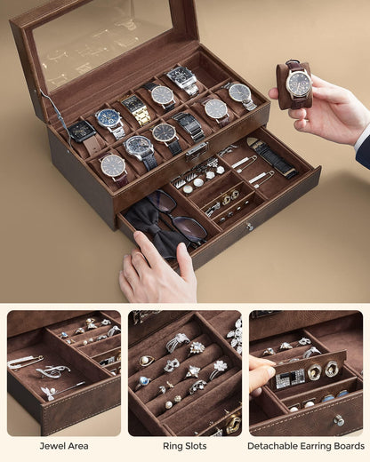 SONGMICS 12-Slot Watch Box, Lockable Watch Case with Glass Lid, 2 Layers, with 1 Drawer for Rings, Bracelets, Gift Idea, Brown Synthetic Leather, Brown Lining UJWB012K01