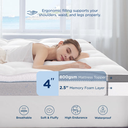 Bedsure 4 Inch Memory Foam Mattress Topper King Size, Dual Layer 2.5 Inch Gel Memory Foam & 800 GSM Waterproof Pillow Top Cooling Mattress Pad with 8-21 Inch Deep Pocket