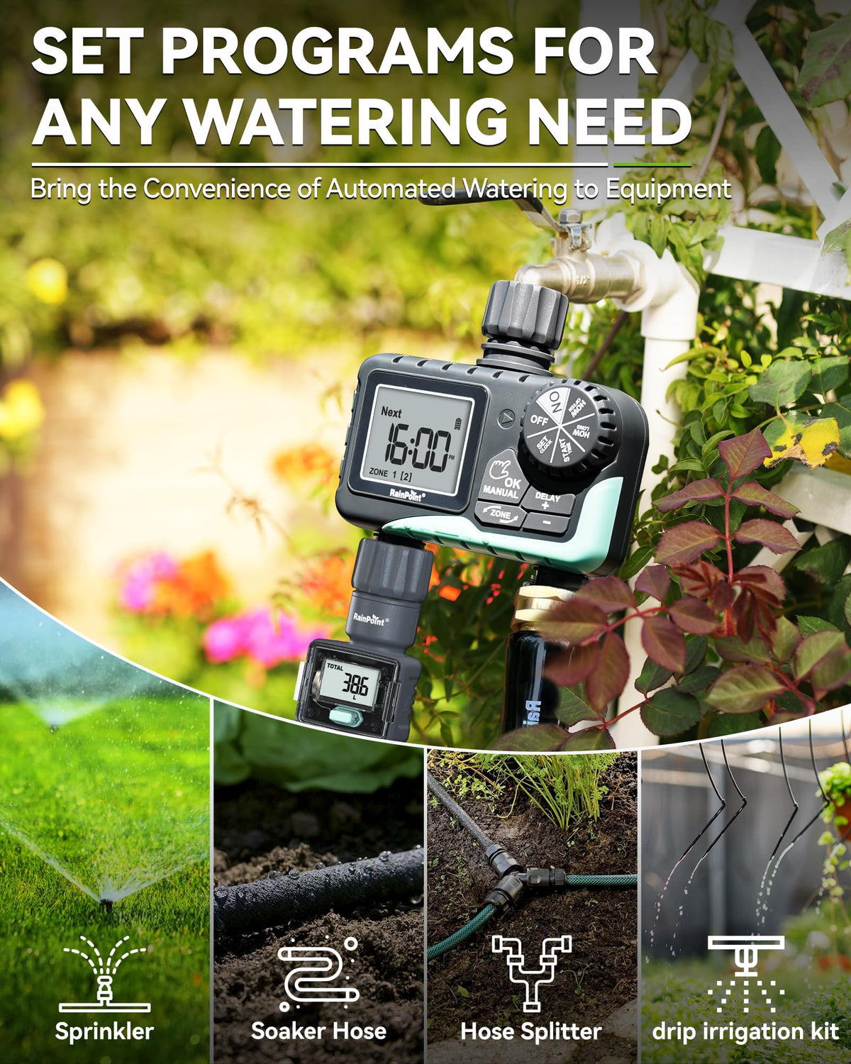 RAINPOINT 2 Zone Water Timer for Garden Hose - Sprinkler With Rain Delay, Manual Watering, Automatic Irrigation Controller System - Programmable Faucet Timer for Yard Lawn