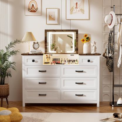 BROTTAR Dresser with Mirror for Bedroom, Chest of Drawers with LED Mirror, 8 Drawer Dresser, White Dressers for Kids, Wood Dressers, Farmhouse Makeup Vanity with Storage for Bedroom