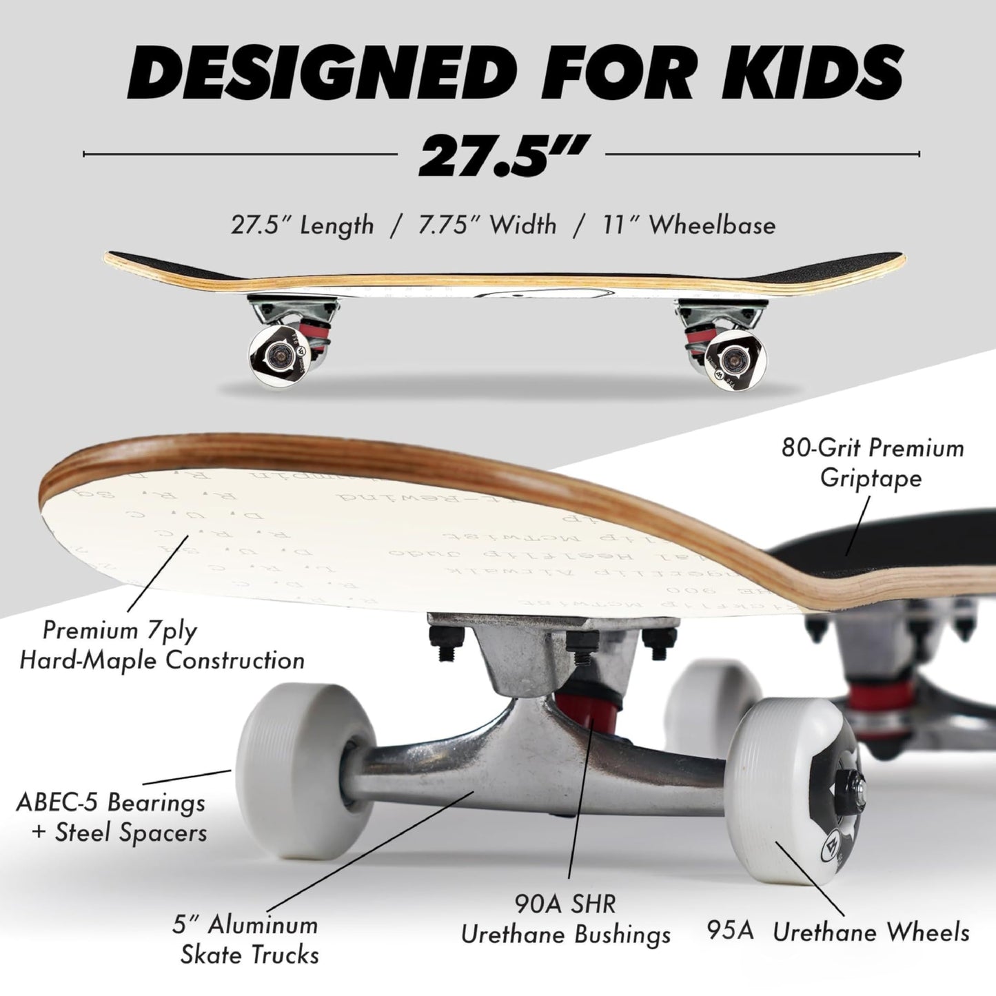 Magneto Complete Skateboard Maple Wood - ABEC 5 Bearings - Double Kick Concave Deck - Kids Skateboard - for Beginners, Teens & Adults (Free Stickers Included)