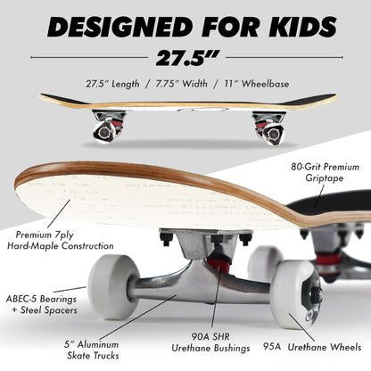 Magneto Complete Skateboard Maple Wood - ABEC 5 Bearings - Double Kick Concave Deck - Kids Skateboard - for Beginners, Teens & Adults (Free Stickers Included)