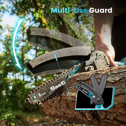Seesii Mini Chainsaw Cordless 6-inch, Handheld Electric Power Chain Saw with 2 Batteries, for Tree Trimming Wood Cutting, Best Gifts for Dad, Husband