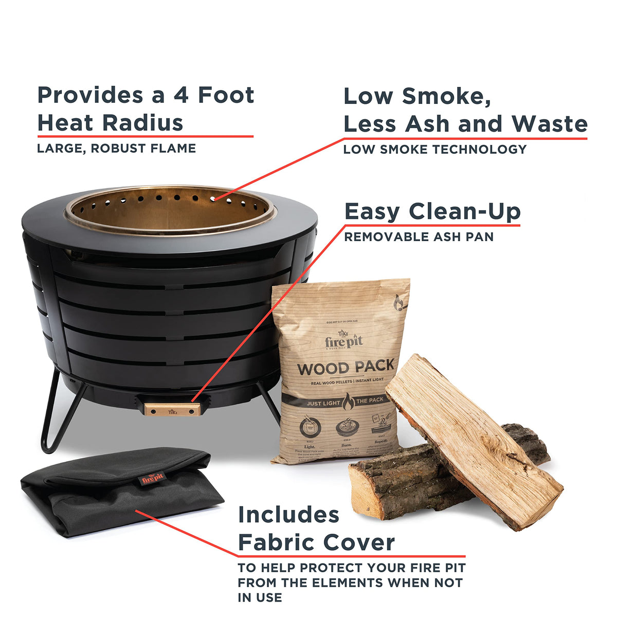 TIKI 25-Inch Smokeless Patio Fire Pit, Wood Burning with Removable Ash Pan & Weather-Resistant Cover, Modern Black Design – Ideal Outdoor Smokeless Fire Pit for Backyard & Patio