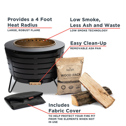 TIKI 25-Inch Smokeless Patio Fire Pit, Wood Burning with Removable Ash Pan & Weather-Resistant Cover, Modern Black Design – Ideal Outdoor Smokeless Fire Pit for Backyard & Patio