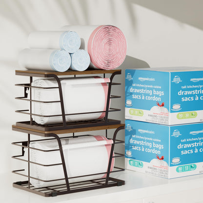 TIDIIABODE Extra Large 2 Pack Stackable Storage Pantry Organizers and Storage, Wall Mount Trash Bag Holder with Bamboo Top and Garbage Bag Dispenser, Brown