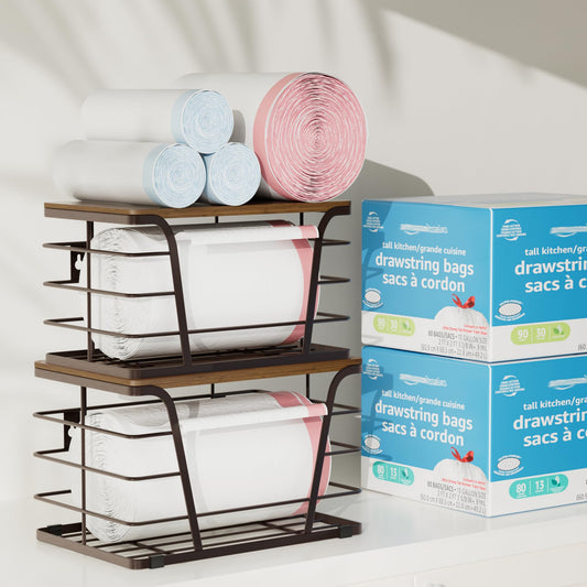 TIDIIABODE Extra Large 2 Pack Stackable Storage Pantry Organizers and Storage, Wall Mount Trash Bag Holder with Bamboo Top and Garbage Bag Dispenser, Brown