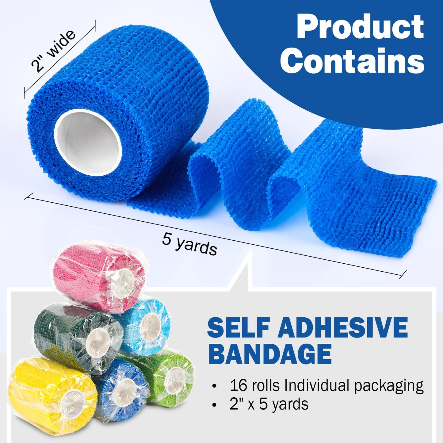 AZEN 16 Pack Self Adhesive Bandage Wrap, 2" X 5 Yards Elastic Cohesive Bandage Wrap, Color Athletic Tape, Vet Wrap, Ankle Tape, Tattoo Grip Tape Wrap
