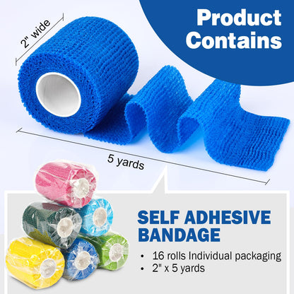 AZEN 16 Pack Self Adhesive Bandage Wrap, 2" X 5 Yards Elastic Cohesive Bandage Wrap, Color Athletic Tape, Vet Wrap, Ankle Tape, Tattoo Grip Tape Wrap