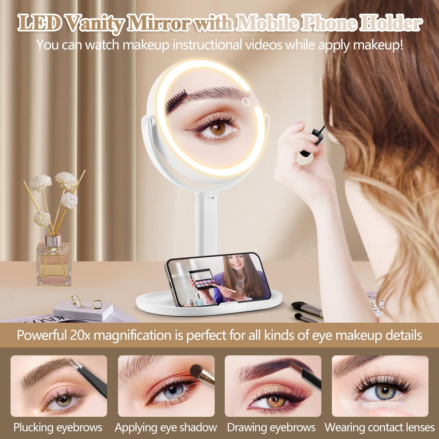MOMOKUBA Makeup Mirror with Lights, Double Sided 1x/20x Magnifying Mirror with Light, Rechargeable 3 Color Lights and Adjustable Brightness, 360° Rotation Detachable Comes with Tweezer(White)