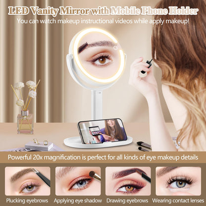MOMOKUBA Makeup Mirror with Lights, Double Sided 1x/20x Magnifying Mirror with Light, Rechargeable 3 Color Lights and Adjustable Brightness, 360° Rotation Detachable Comes with Tweezer(White)