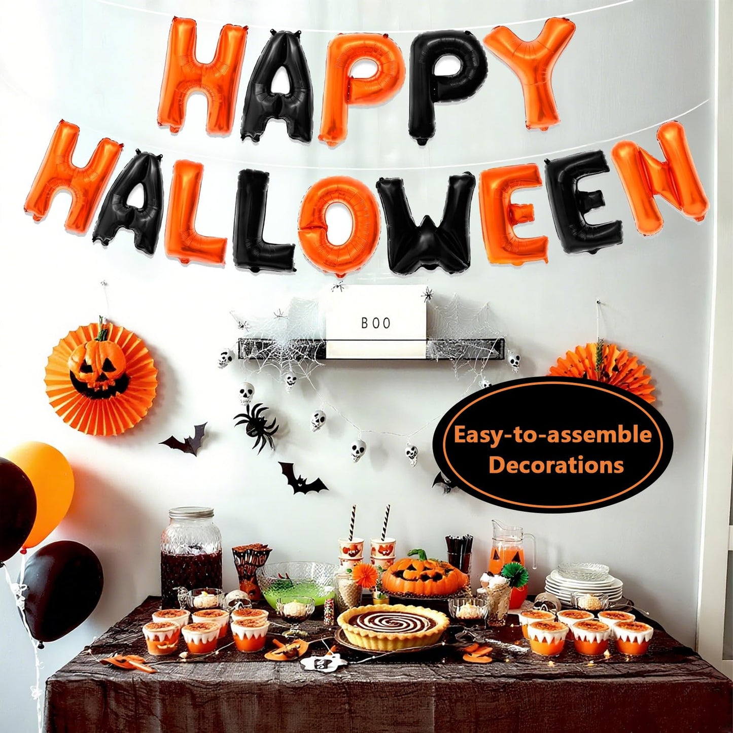 Happy Halloween Balloons Banner - Orange and Black Helloween Banner Backdrop Garland, 16 Inch Large Mylar Hanging Foil Balloon Banners With Straw Ribbon for Indoor Outdoor Halloween Party Decorations