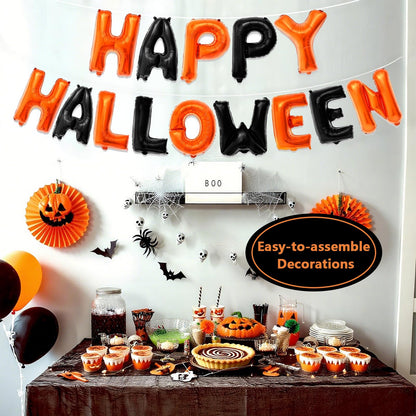 Happy Halloween Balloons Banner - Orange and Black Helloween Banner Backdrop Garland, 16 Inch Large Mylar Hanging Foil Balloon Banners With Straw Ribbon for Indoor Outdoor Halloween Party Decorations