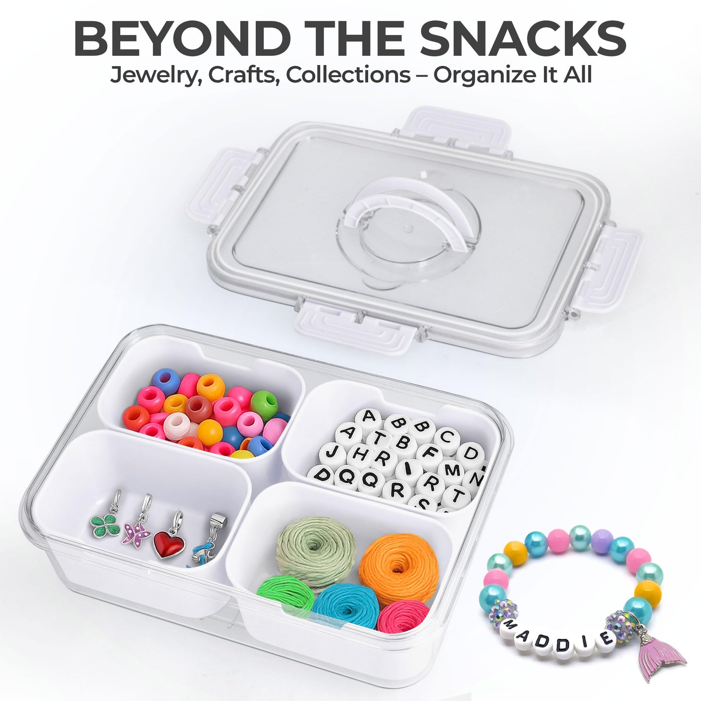 KEYVOZ Snackle Box Container with Lid- Travel Charcuterie Box with Handle - Organizer for Candy, Fruit, Nuts, Veggies, Snacks, Beach Essentials, Portable Lunch Box (Bright White, Small)