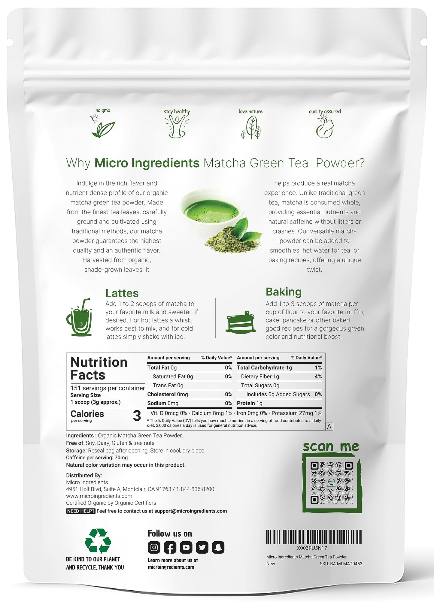 Micro Ingredients Organic Matcha Green Tea Powder, 1 lb | First Harvest, Culinary Grade from Japan | 100% Pure & Unflavored | Great for Tea, Latte & Smoothies | Non-GMO, No Sugar, Eco-Friendly Packaging