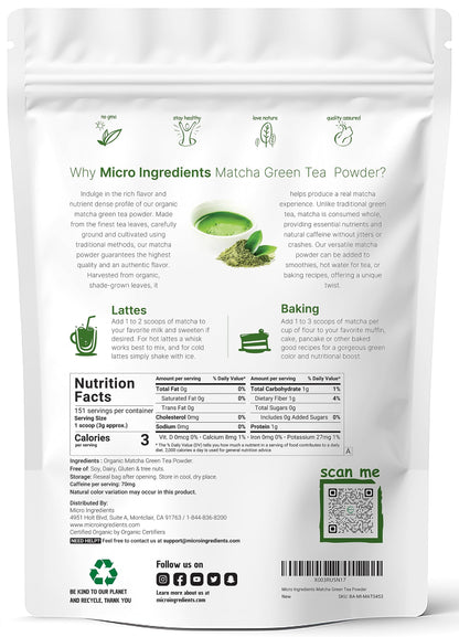 Micro Ingredients Organic Matcha Green Tea Powder, 1 lb | First Harvest, Culinary Grade from Japan | 100% Pure & Unflavored | Great for Tea, Latte & Smoothies | Non-GMO, No Sugar, Eco-Friendly Packaging