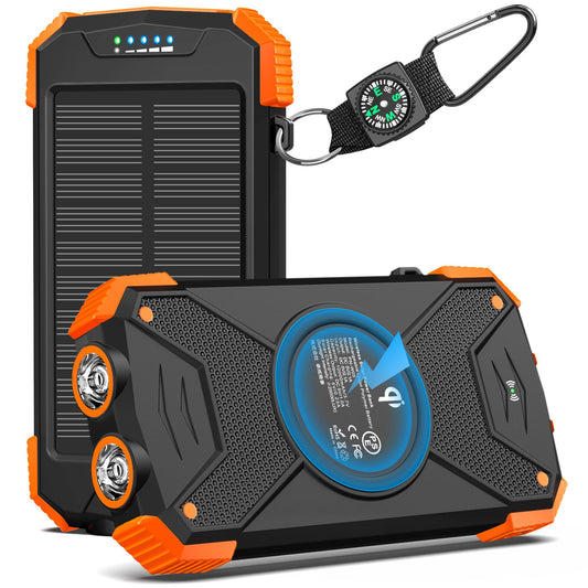 Solar Power Bank, Qi Portable Charger 10,000mAh External Battery Pack Type C Input Port Dual Flashlight, Compass, Solar Panel Charging (Orange)