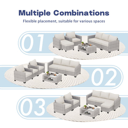 7 Piece Outdoor Patio Furniture Set, Outdoor Sectional Furniture, Rattan Chairs Glass Table Wicker Conversation Seating Sectional Sofa with Cushions (B-Grey White-Grey, B-7 Pieces-Tilted Back)