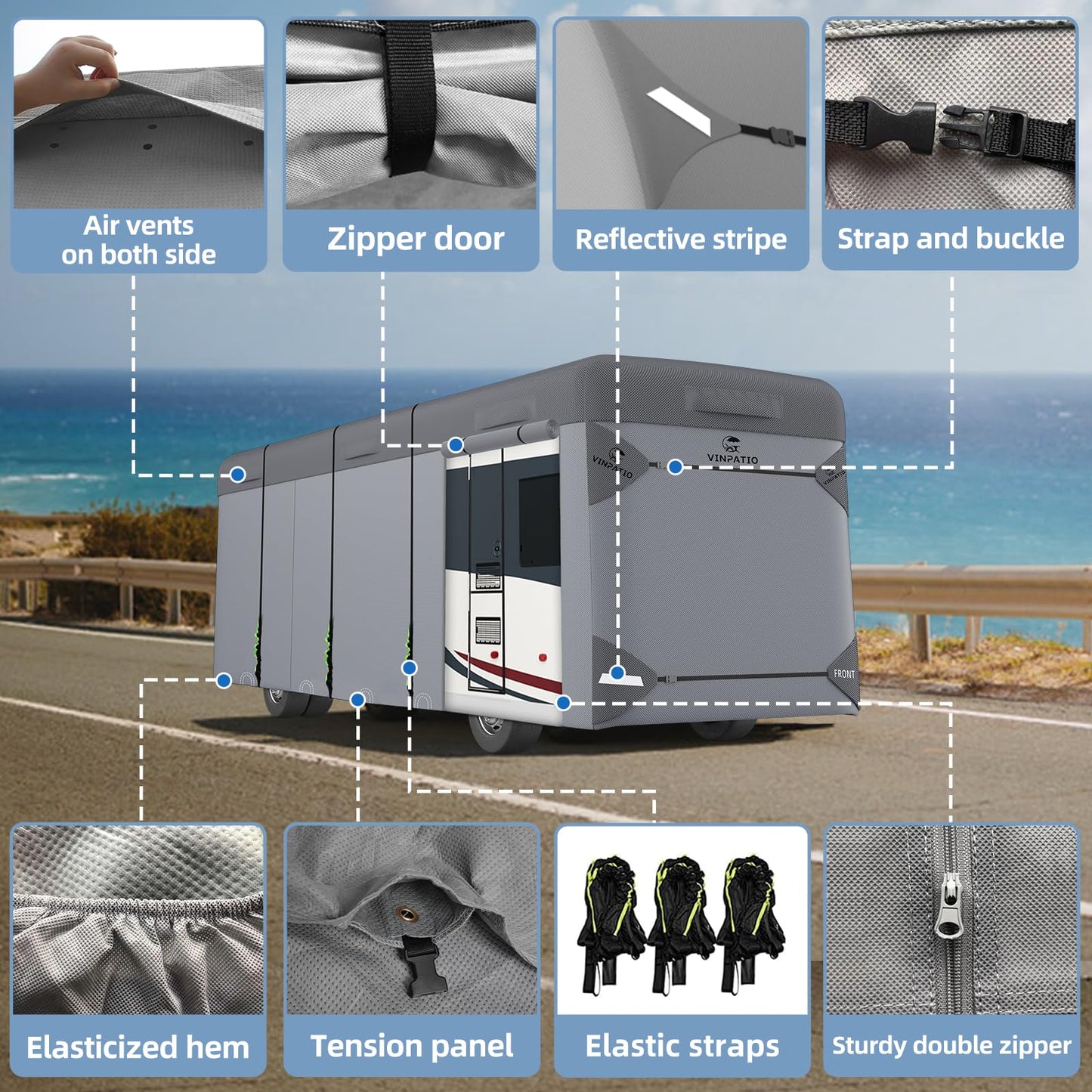 VINPATIO Class A RV Cover Extra Thick 7 Layers Top, Fits 34'-37' RV, Heavy Duty Windproof Waterproof Class A Motorhome Cover with 2 Extra Long Straps, Gutter Covers