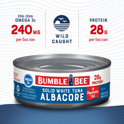 Bumble Bee Solid White Albacore Tuna in Oil, 5 oz Can (Pack of 24) - Wild Caught Tuna - 28g Protein per Serving, High in Omega-3s - Non-GMO Project Verified, Gluten Free, Kosher