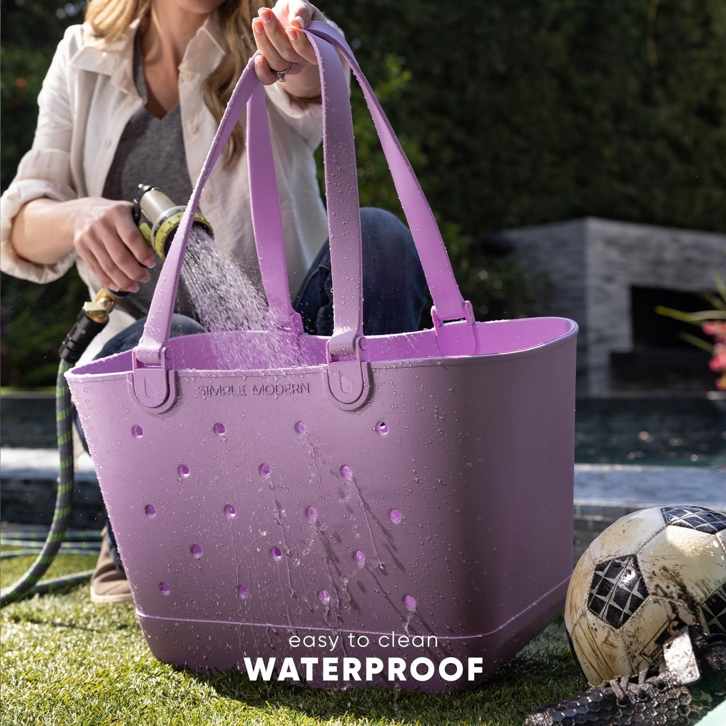 Simple Modern Extra-Large Beach Bag | Waterproof Getaway Rubber Tote with Zipper Pocket for Travel, Pool, Boat, Groceries, Sports | Almond Birch