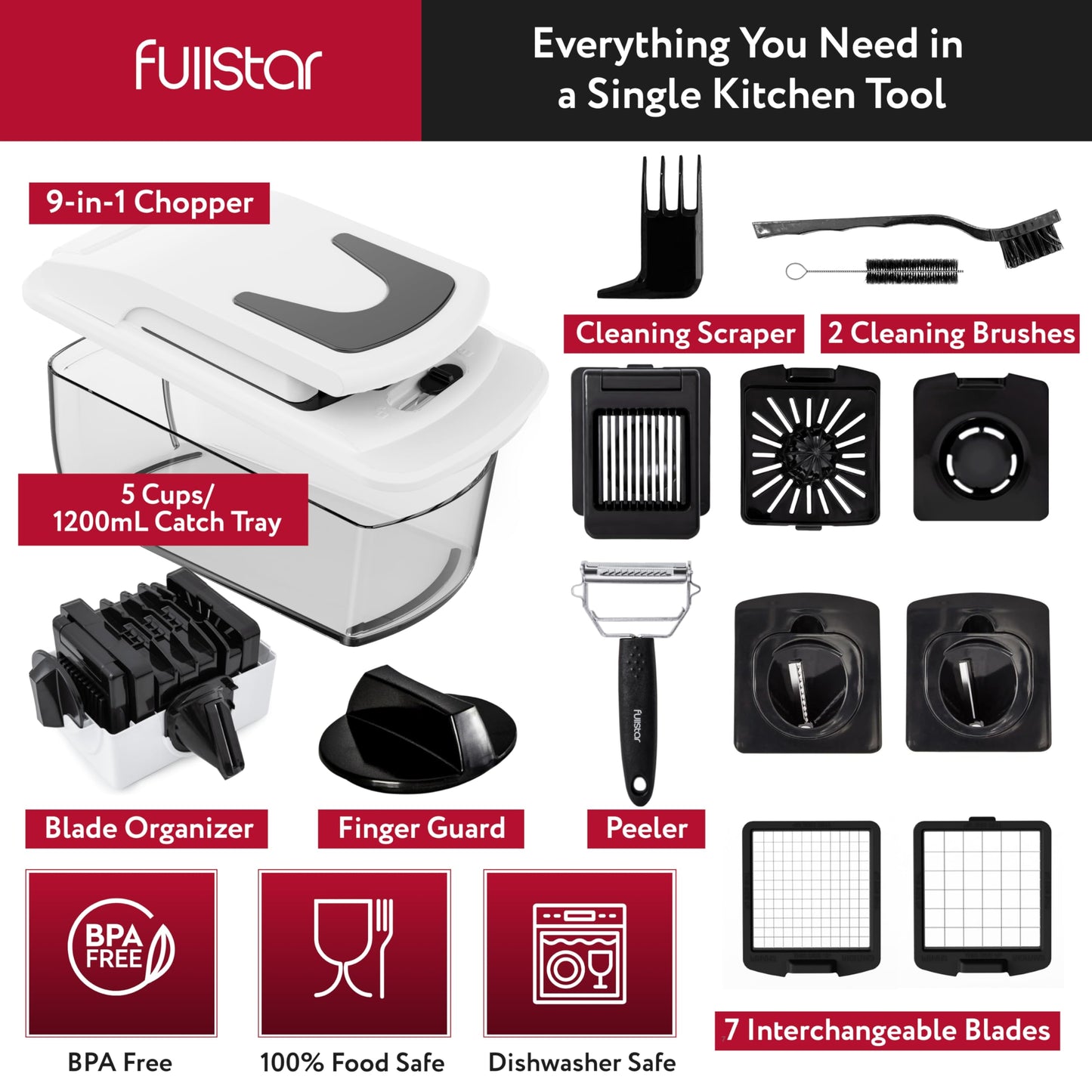 Fullstar Vegetable Chopper and Spiralizer - Food Chopper with Container, Fruit Slicer, Kitchen Gadgets & Accessories, Home Essentials (9 in 1, White)