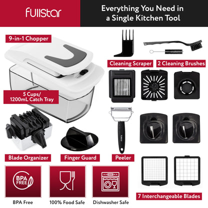 Fullstar Vegetable Chopper and Spiralizer - Food Chopper with Container, Fruit Slicer, Kitchen Gadgets & Accessories, Home Essentials (9 in 1, White)