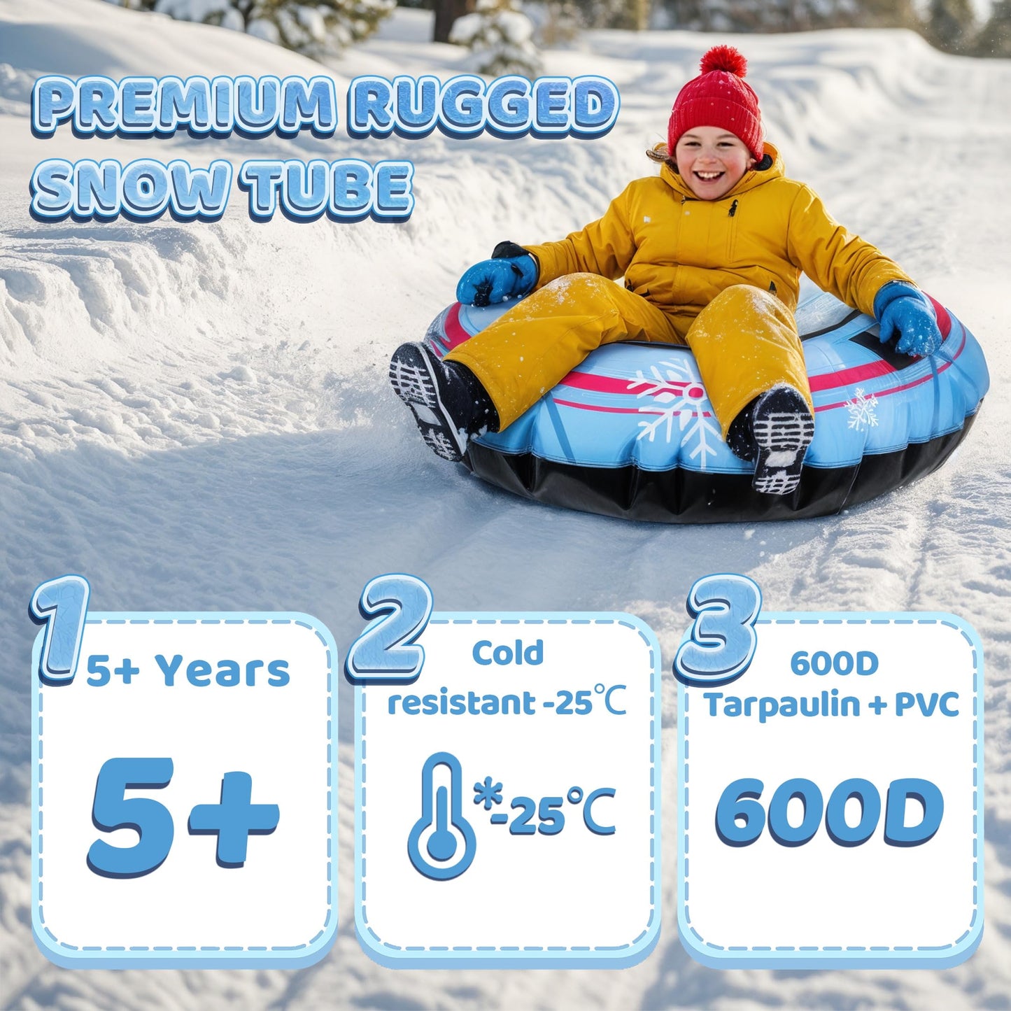 Snow Tube with Premium Canvas Cover for Kids and Adults, 48'' Inflatable Heavy Duty Snow Tube Made by Thickened Bottom, Sled Winter Outdoor Fun Toys for Children Boys Girls