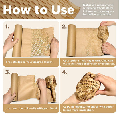 Honeycomb Packing Paper, 12"x200' Brown | Perforated Honeycomb Packing Paper Recyclable Moving Supplies for Shipping & Moving | Plastic-Free Alternative to Bubble Cushion Wrap with 36 Fragile Stickers