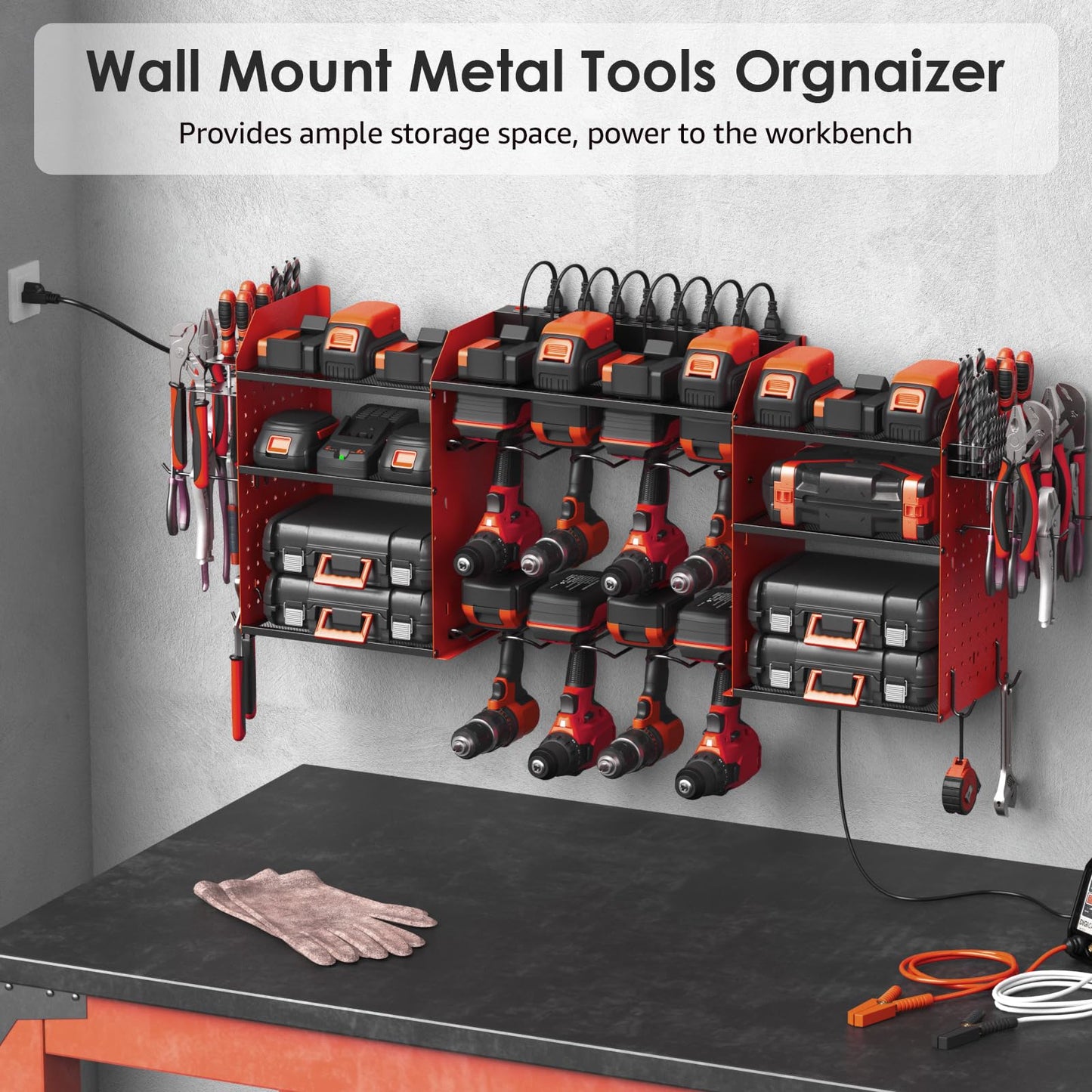 CCCEI Red Large Tools Organizer Wall Mount Charging Station, 39 Inch Long Power Tool Battery Storage Rack with 6FT Power Strip. 8 Drill Holder, Garage Utility Shelves. Pegboard Hanging Extension.