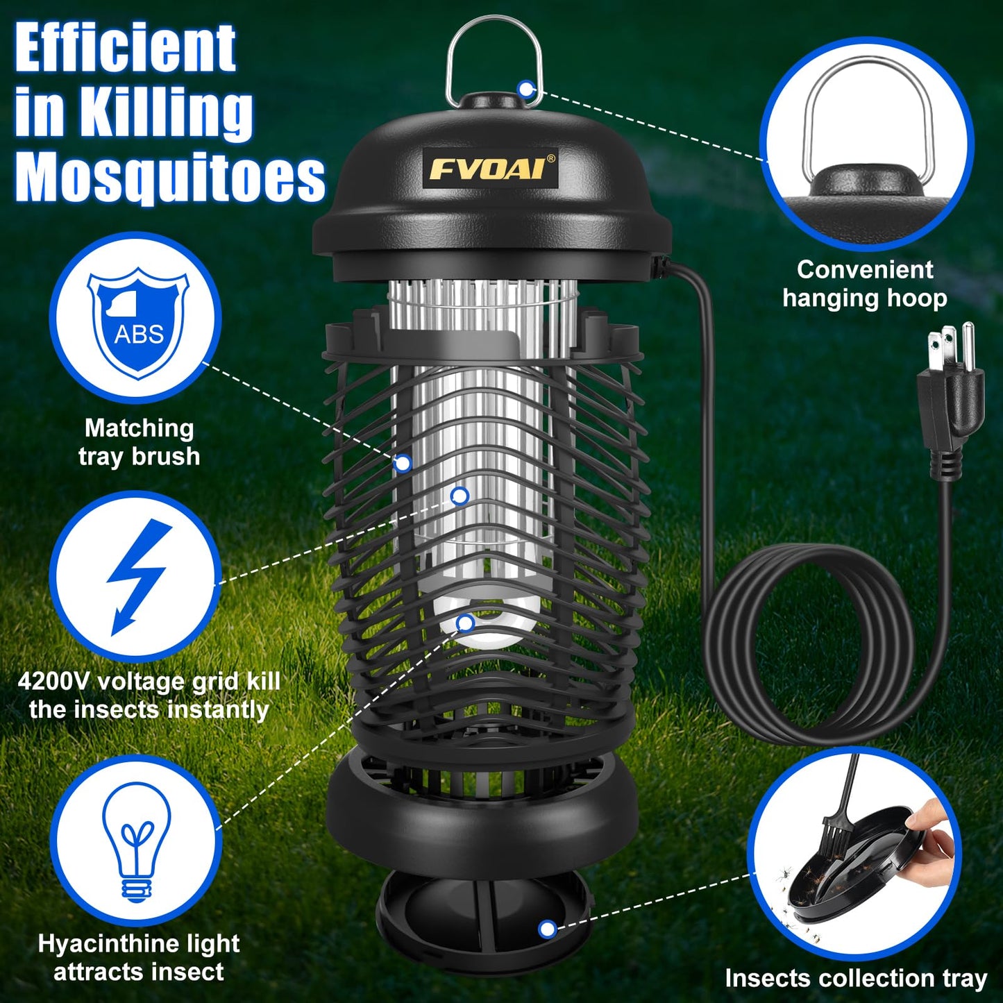 FVOAI Bug Zapper Outdoor, Mosquito Zapper, Fly Zapper, Insect Zapper Electric Fly Traps for 1/2 Acre, Indoor Outdoor Use with 3 Prong Plug-in,4200V, ABS Plastic Outer, Black