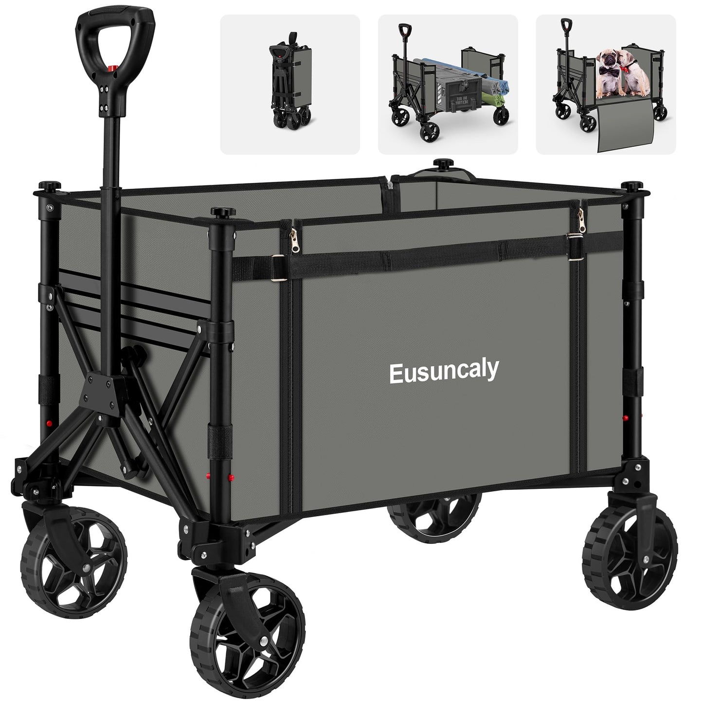Eusuncaly Collapsible Wagon with Wheels, Wagons Carts Foldable, Heavy Duty Folding Utility Cart for Grocery, Camping, Shopping, Sports, Garden, Fishing, Grey