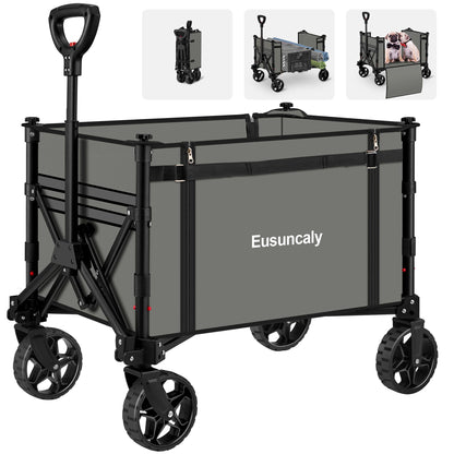 Eusuncaly Collapsible Wagon with Wheels, Wagons Carts Foldable, Heavy Duty Folding Utility Cart for Grocery, Camping, Shopping, Sports, Garden, Fishing, Grey
