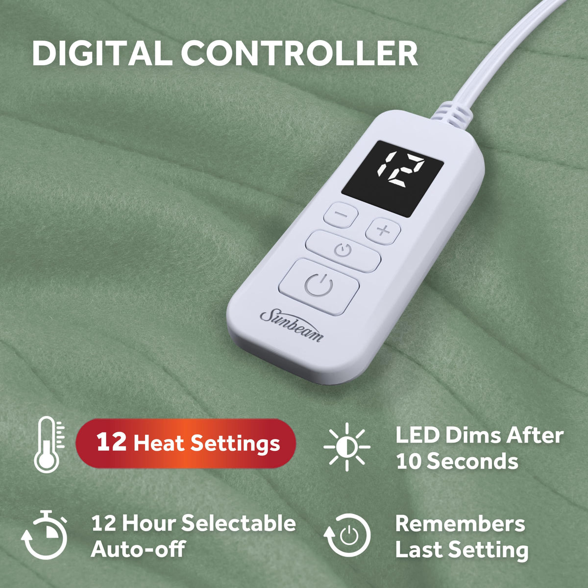 Sunbeam Royal Ultra Fleece Heated Electric Blanket Twin Size, 84" x 62", 12 Heat Settings, 12-Hour Selectable Auto Shut-Off, Fast Heating, Machine Washable, Warm and Cozy, Matcha