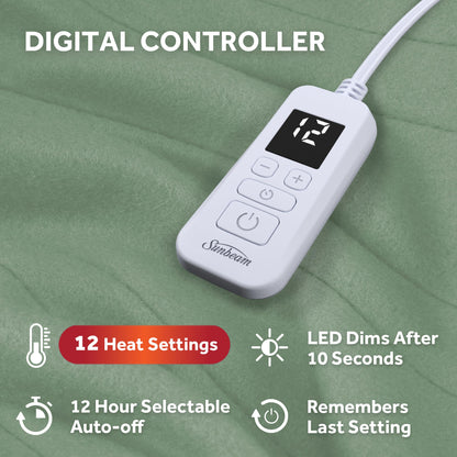 Sunbeam Royal Ultra Fleece Heated Electric Blanket Twin Size, 84" x 62", 12 Heat Settings, 12-Hour Selectable Auto Shut-Off, Fast Heating, Machine Washable, Warm and Cozy, Matcha