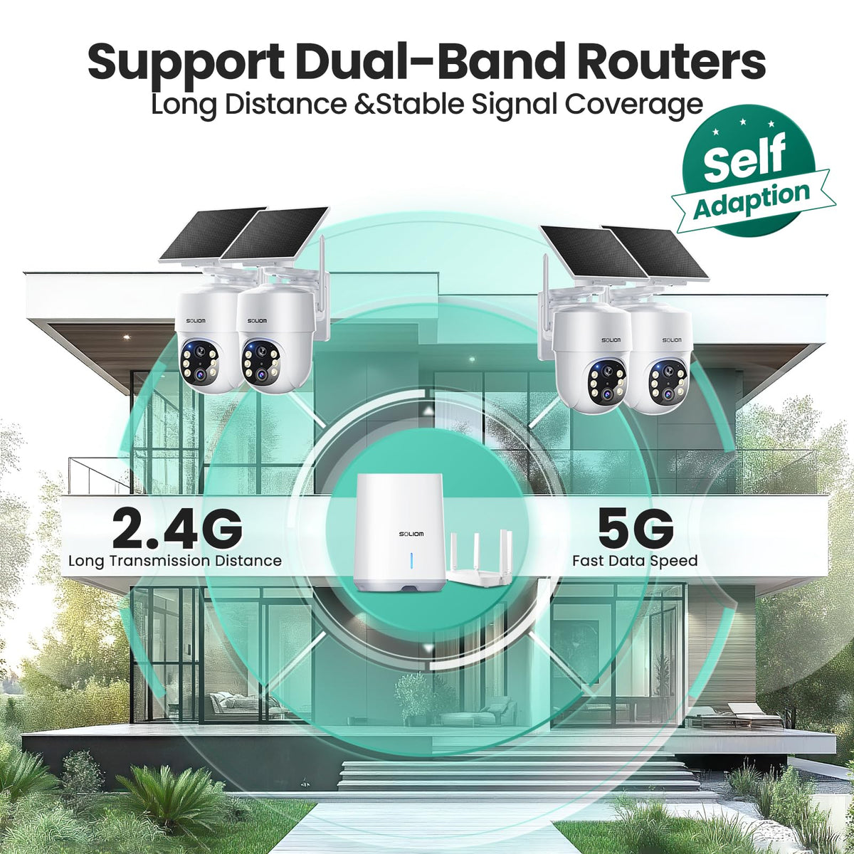 SOLIOM- 5MP Security Cameras Wireless Outdoor, No Subscription,4-Cam Pack, Solar Powered Home Security Camera with 360° Auto Tracking, Pan & Tilt, 3K Color Night Vision,5G & 2.4G Router Compatible