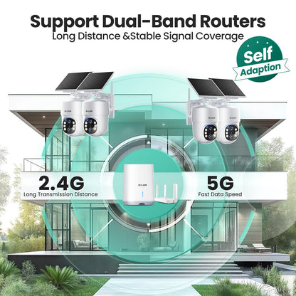 SOLIOM- 5MP Security Cameras Wireless Outdoor, No Subscription,4-Cam Pack, Solar Powered Home Security Camera with 360° Auto Tracking, Pan & Tilt, 3K Color Night Vision,5G & 2.4G Router Compatible