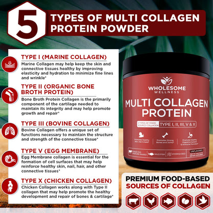Wholesome Wellness Multi Collagen Protein Powder Hydrolyzed (Type I II III V X) Grass-Fed All-in-One Super Bone Broth + Peptides - Premium Blend of Beef, Chicken, Wild Fish, Eggshell, 58 Servings