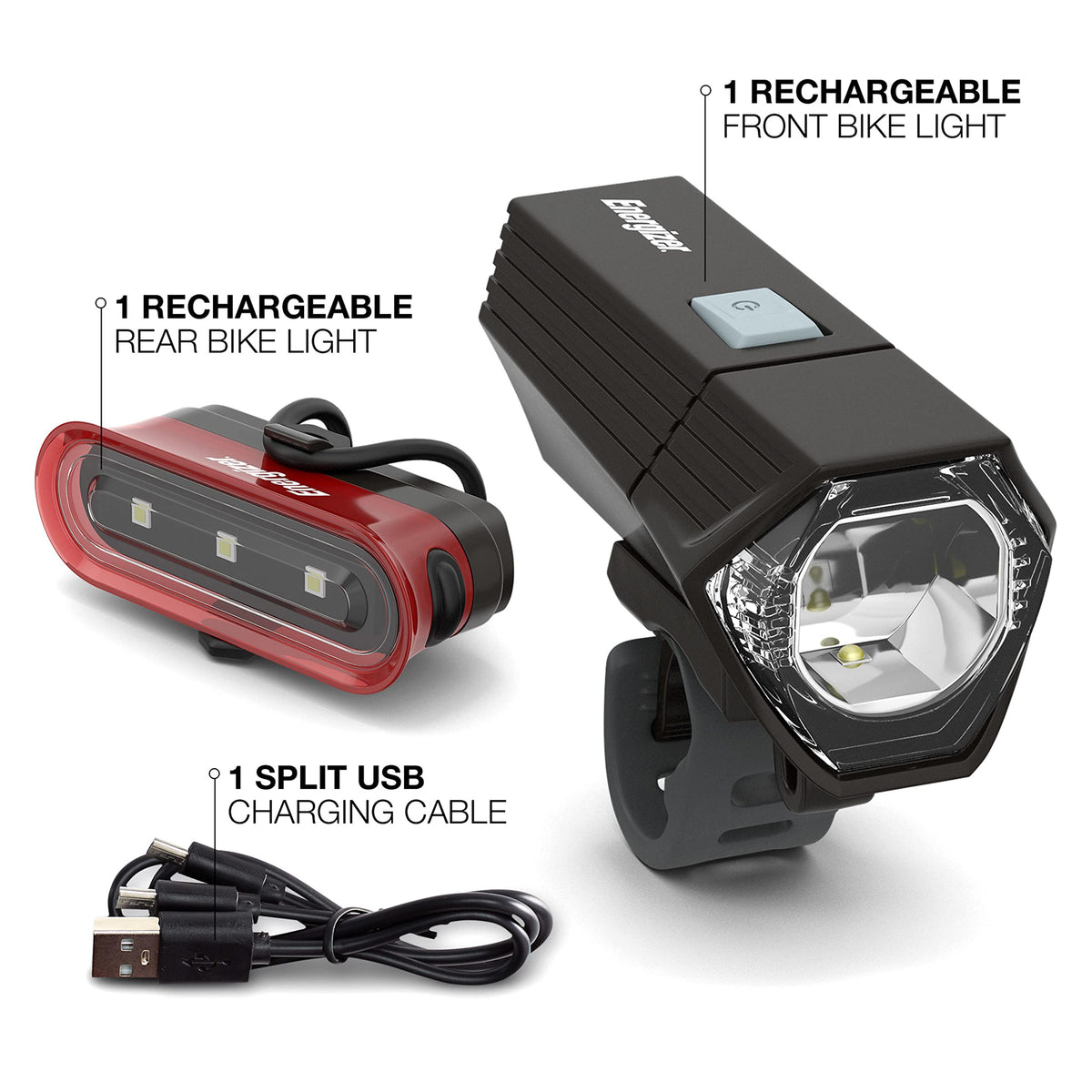 Energizer X400 Rechargeable Bike Light, IPX4 Water Resistant, Compact and Lightweight Design, Front Clip Light and Rear LED Light for Visibility Black