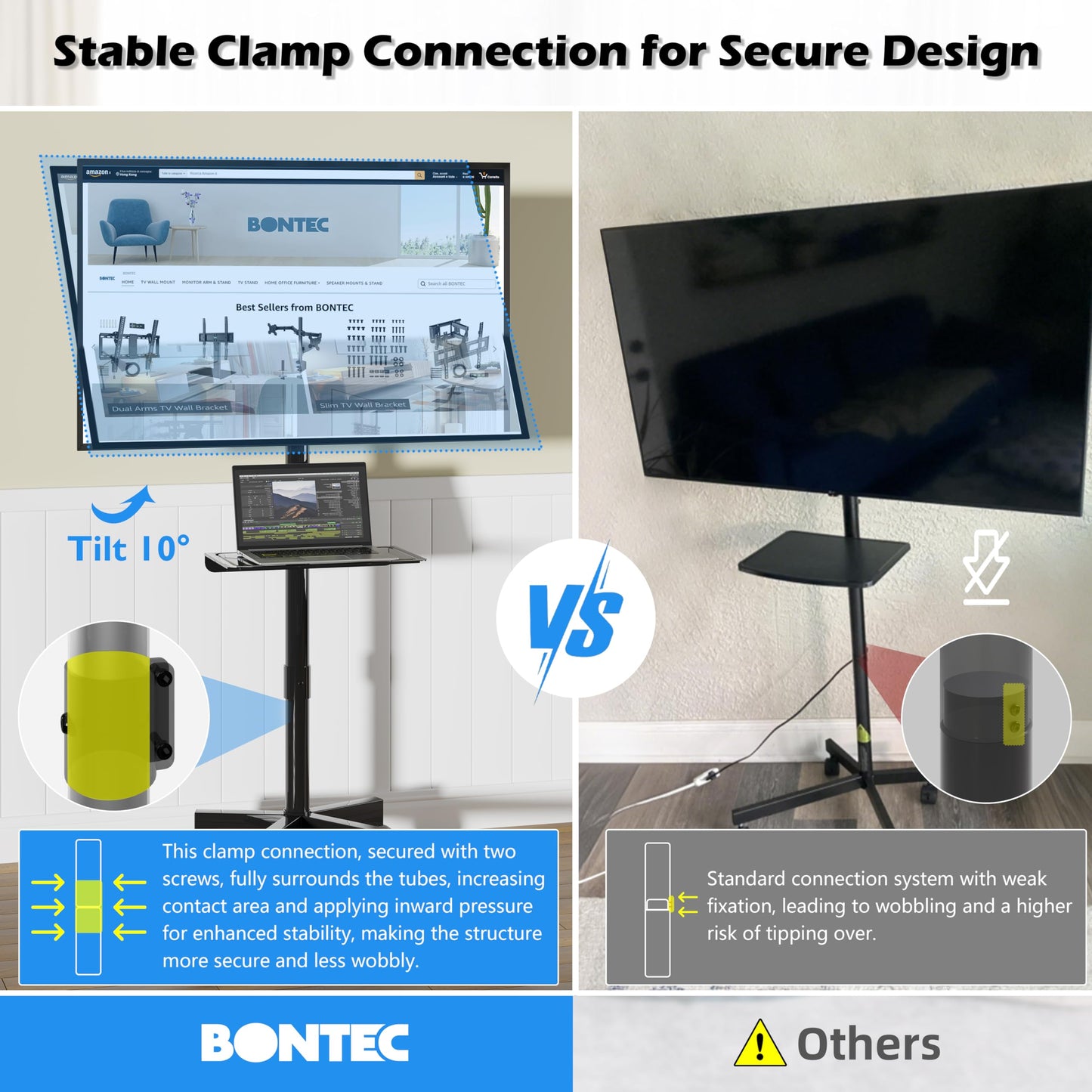 BONTEC Mobile TV Stand with Tilt Function, Rolling TV Stand for 23-60" LED, LCD, OLED TVs, Holds up to 88lbs, Max VESA 400x400mm, Adjustable Media Shelf (Black, 17.1x15.1x53.1 in)
