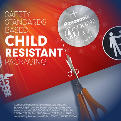 Panasonic CR2032 3.0 Volt Long Lasting Lithium Coin Cell Batteries in Child Resistant, Standards Based Packaging, 10 Pack