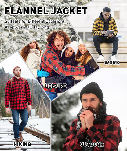 WENTTUO Mens Flannel Plaid Jacket Long Sleeve Fleece Sherpa Lined Winter Jacket Warm Coat
