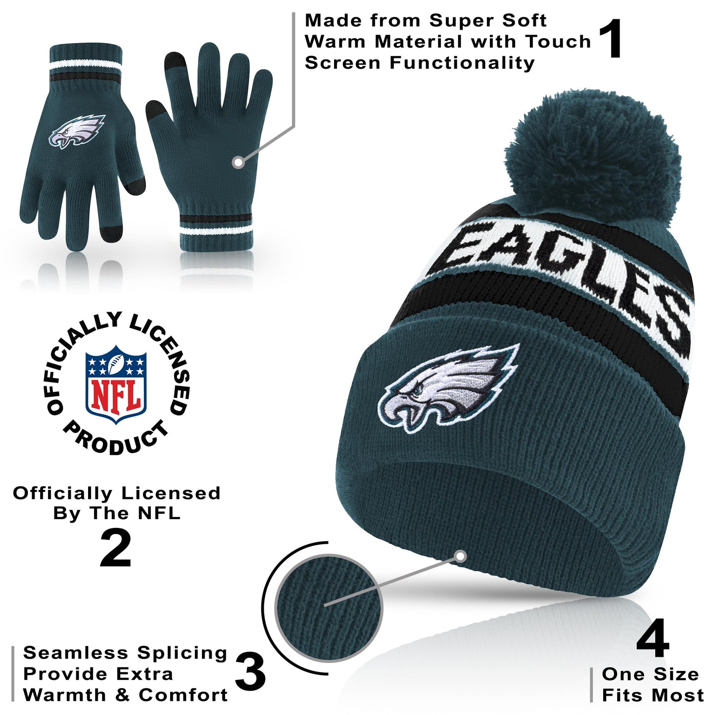 Ultra Game NFL Official Adults Unisex Super Soft Winter Beanie Knit Hat With Extra Warm Touch Screen Gloves, Philadelphia Eagles, Team Color 1, 1SIZE